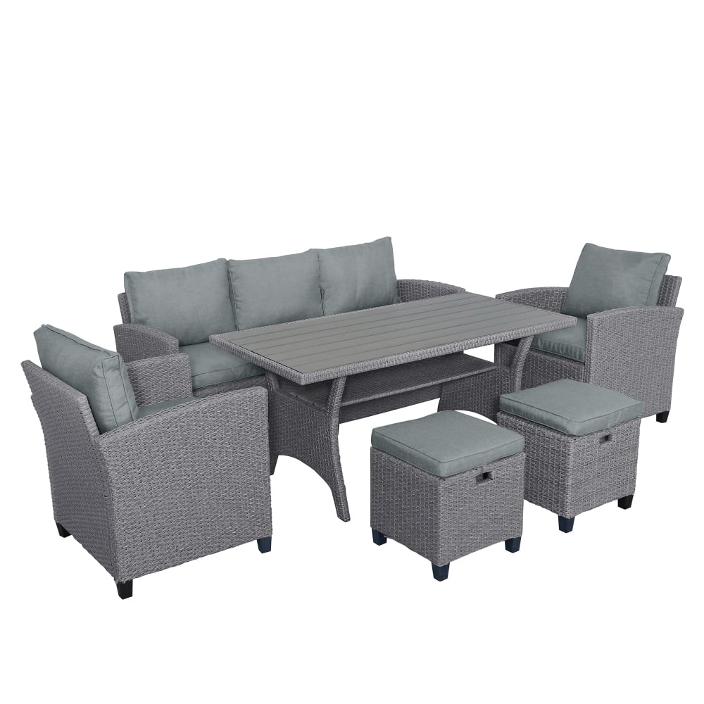 6-Piece Outdoor Rattan Wicker Sofa Chair Stools and Table Y171