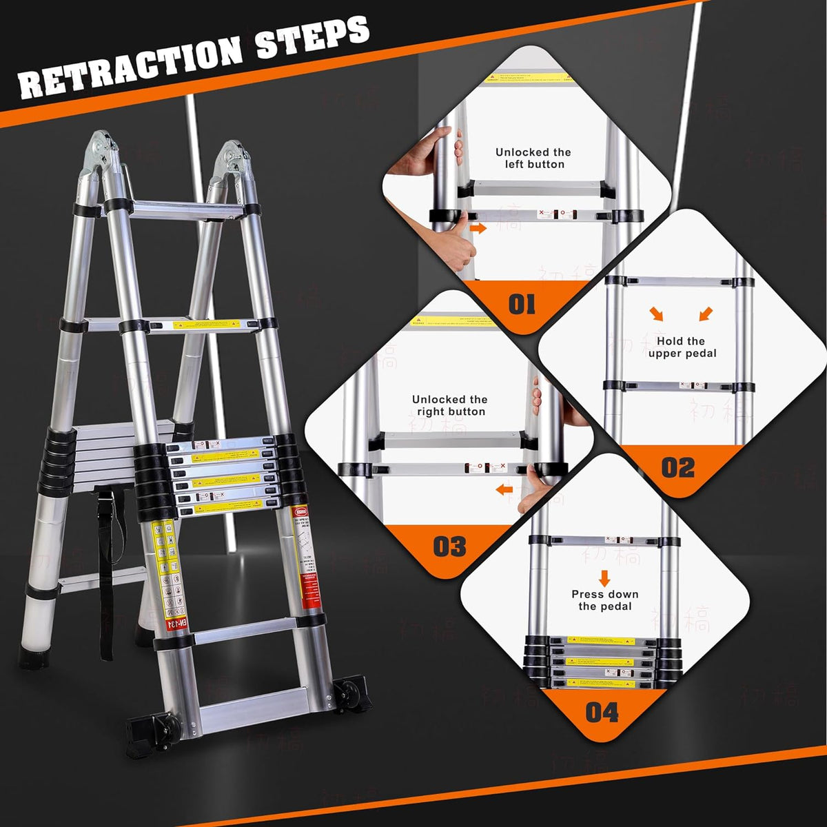14.5FT A Frame Telescoping Ladder with Balance Bar & Wheels, 330lbs Capacity B611