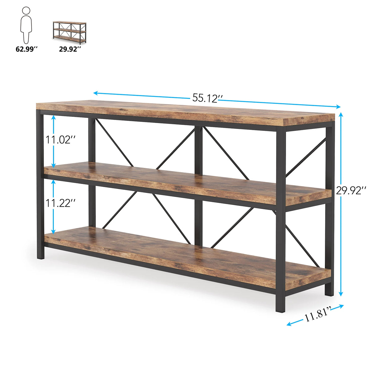 Rustic Industrial 55 Inch Sofa Table with Shelves D3891