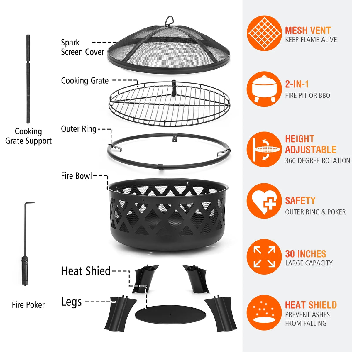 30 inch Wood Burning Fire Pit with Grate X789288
