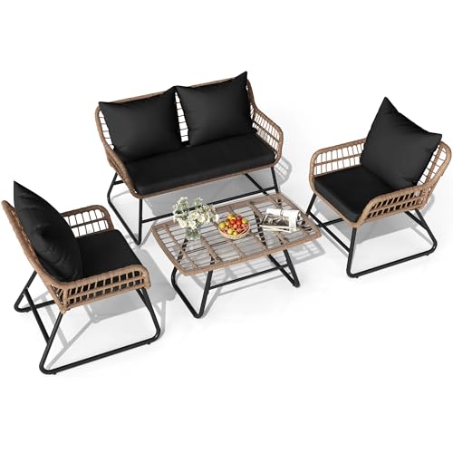 4 Piece Wicker Patio Conversation Set with Cushion & Coffee Table S9879