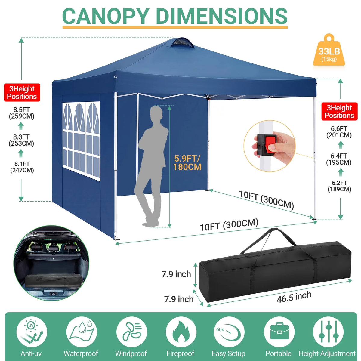 10'x10' Popup Canopy Tent with 4 Removable Sidewalls and Carry Bag B15265