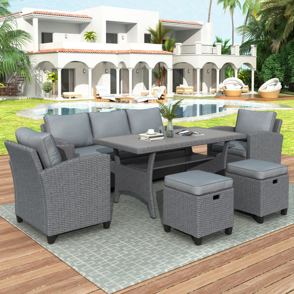 6-Piece Outdoor Rattan Wicker Sofa Chair Stools and Table Y171