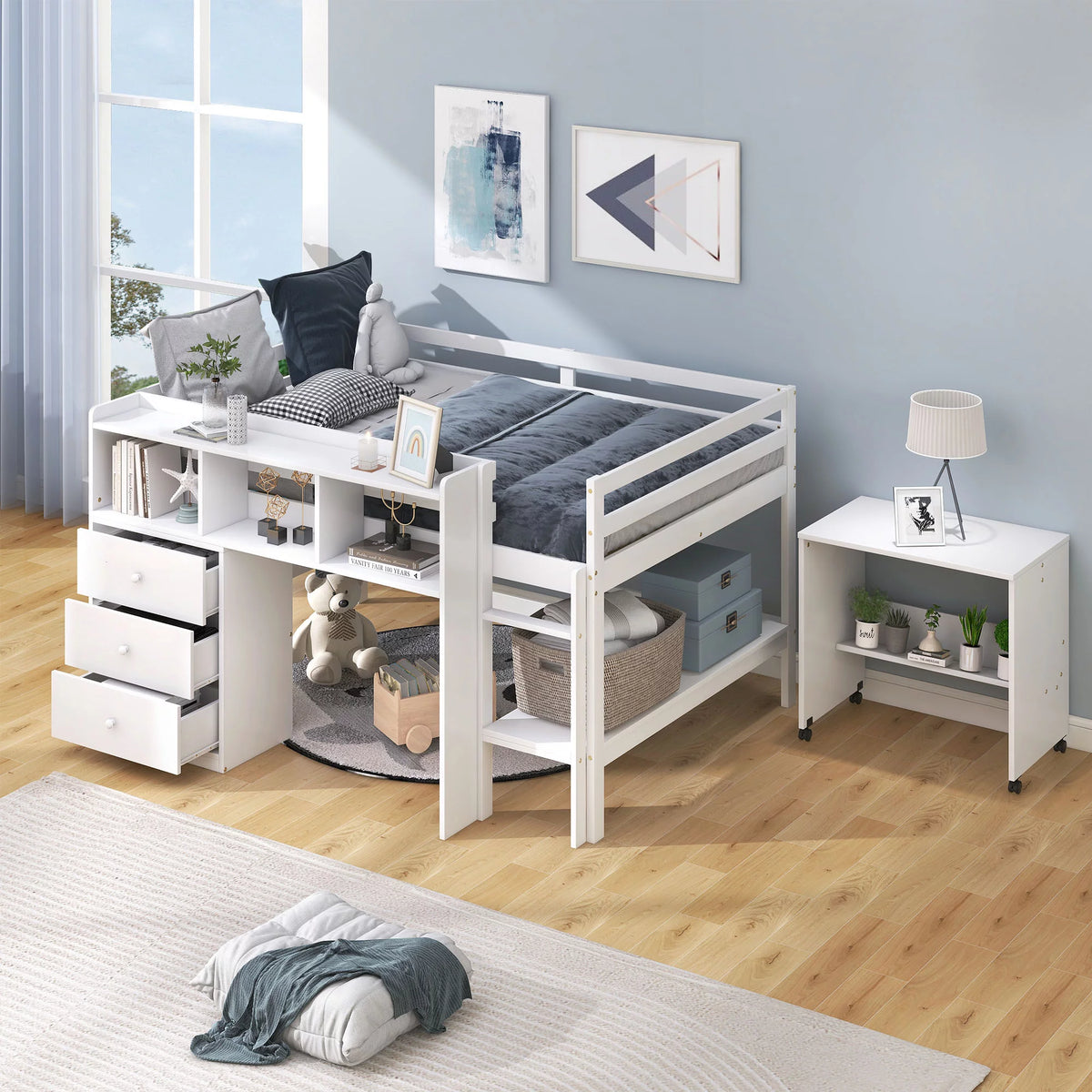 White Wood Full Size Low Loft Bed Frame with 3 Storage Drawers Y7439