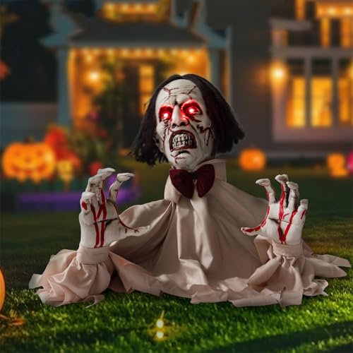 Voice Activated Animated Zombie Decoration with Lighted Red Eyes and Sounds Y965