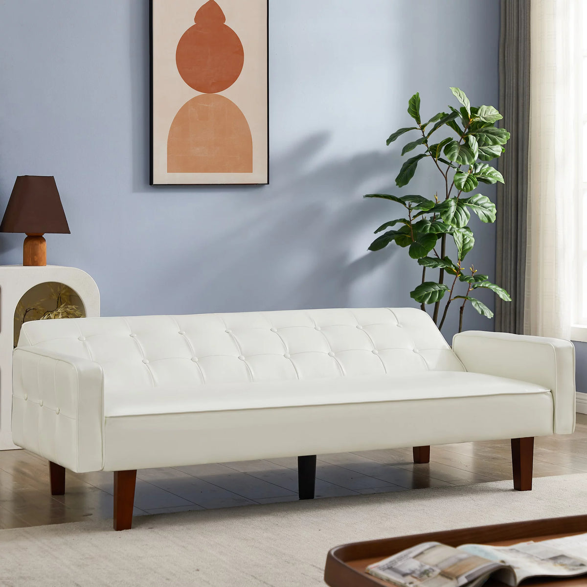 White Faux Leather Button Tufted Convertible Sleeper Sofa Bed H99535