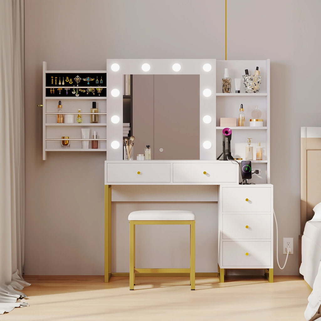 White Vanity Table Set with Lighted Mirror & Stool S683
