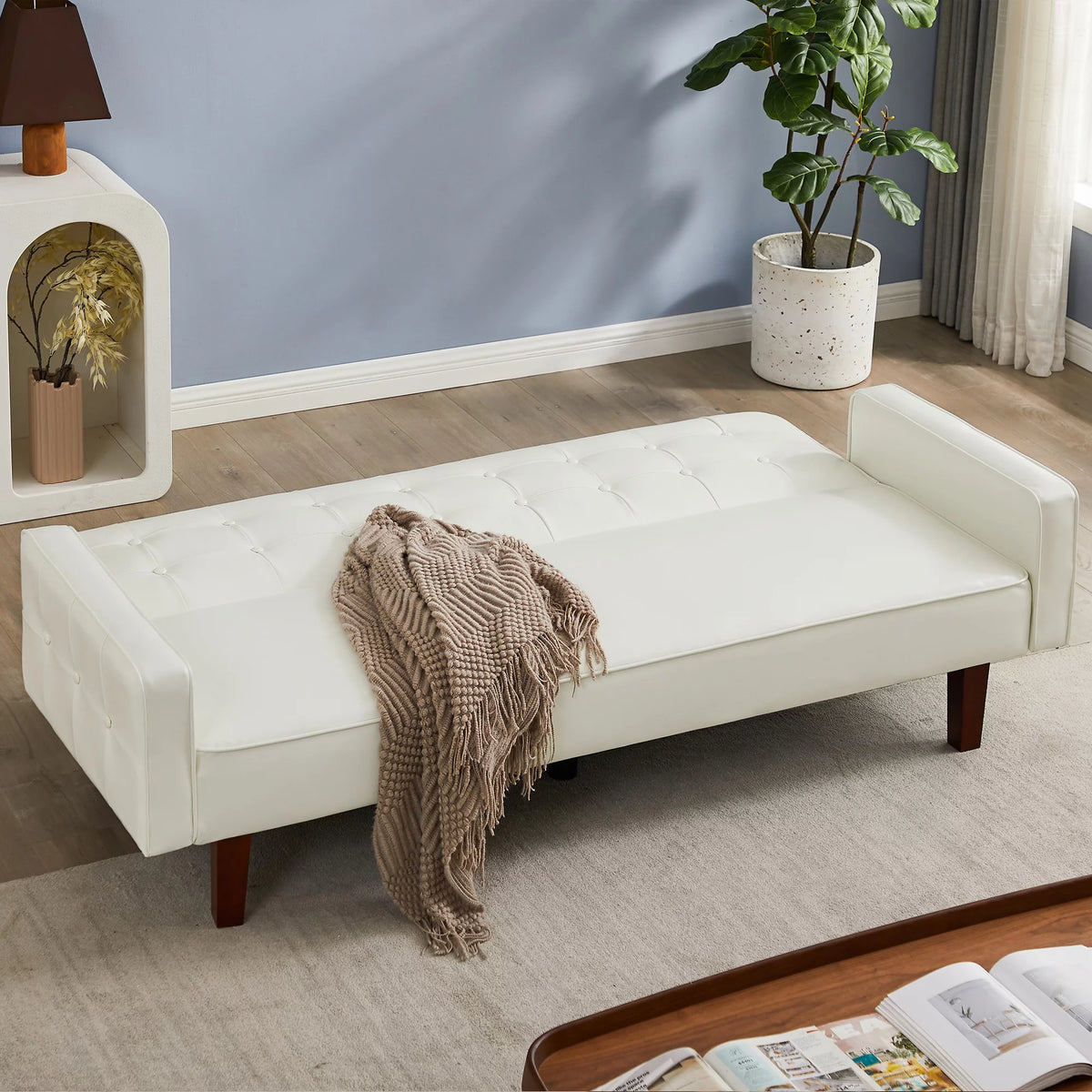 White Faux Leather Button Tufted Convertible Sleeper Sofa Bed H99535