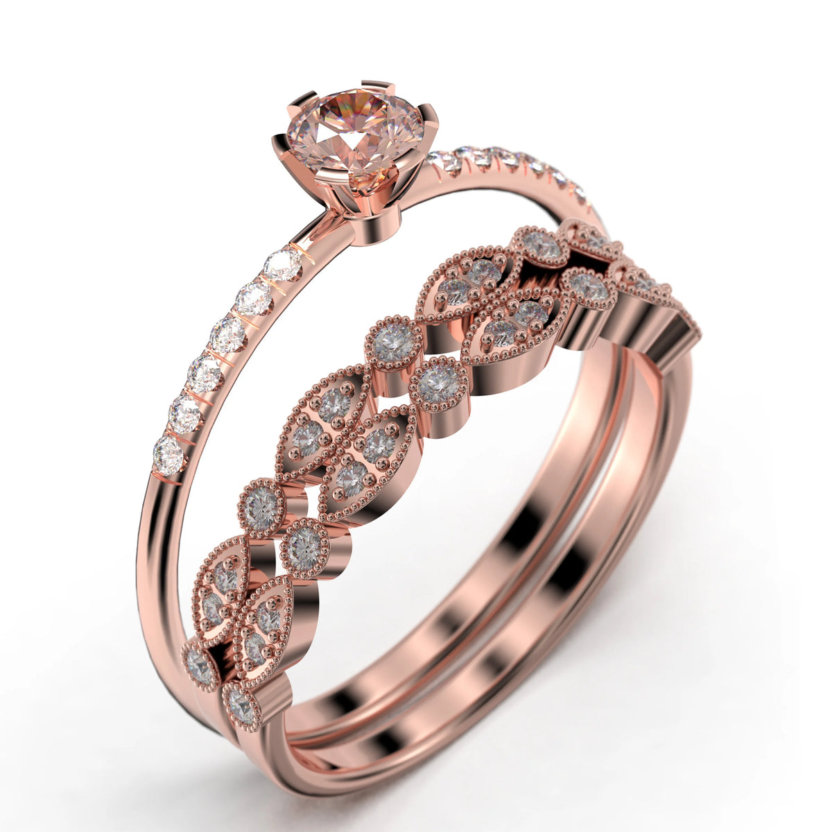 1.55 Carat Round Cut Morganite And Diamond Moissanite Engagement Ring Trio Set in 925 Sterling Silver With 18k Rose Gold Plating K652972