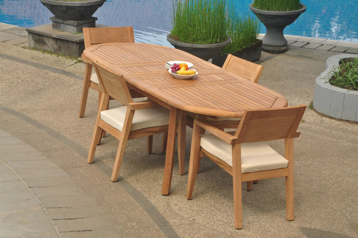 Grade-A Teak 5 Pc Dining Set with 94" Oval Table and 4 Stacking Arm Chairs F4023