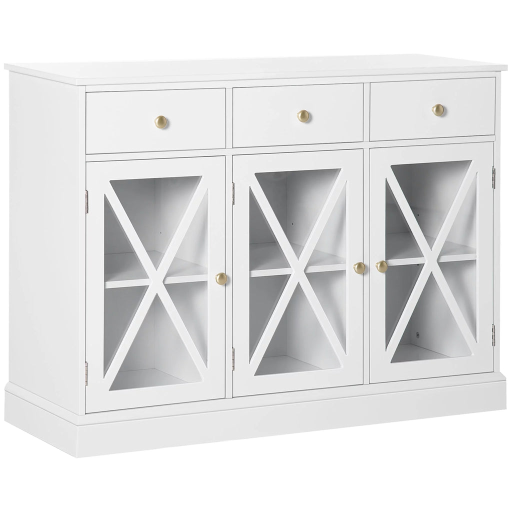 White Sideboard Buffet Cabinet with Glass Doors and 3 Drawers B465