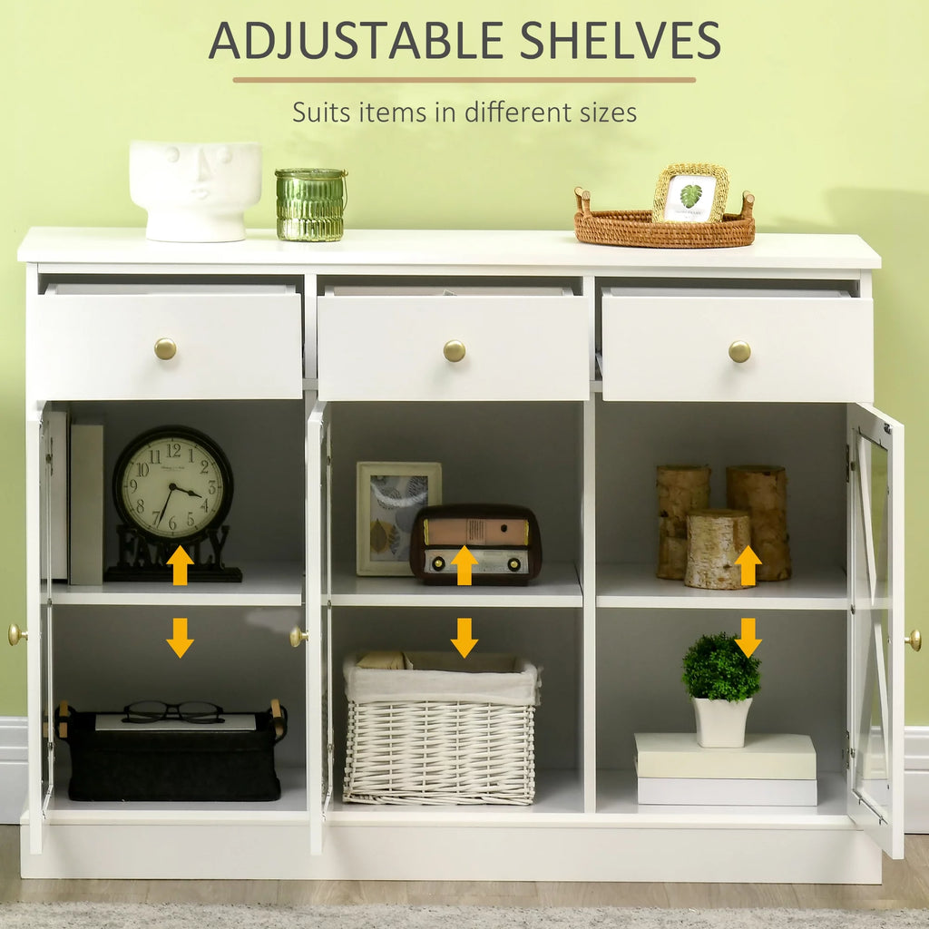 White Sideboard Buffet Cabinet with Glass Doors and 3 Drawers B465
