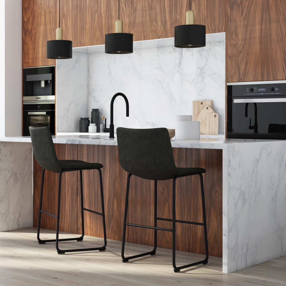 Distressed Charcoal Grey Faux Leather Bar Stool Set of 2 M865
