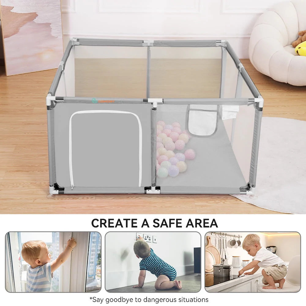 Portable 4-Panel Baby Playpen with Basketball Hoop I256859