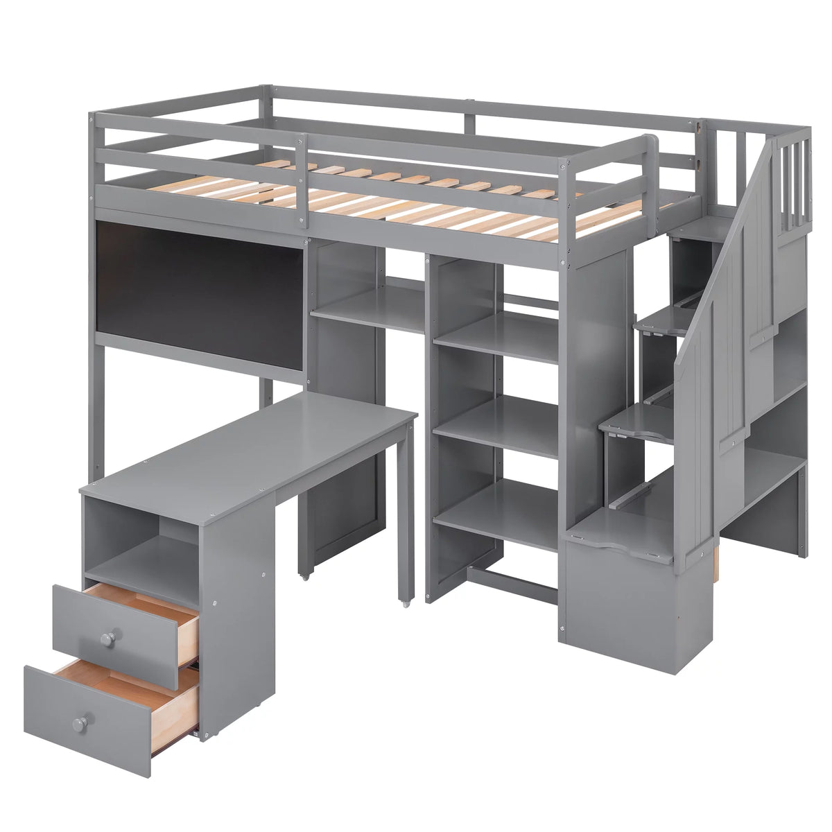 Twin Size Wood Loft Bed with Desk and Storage N88001