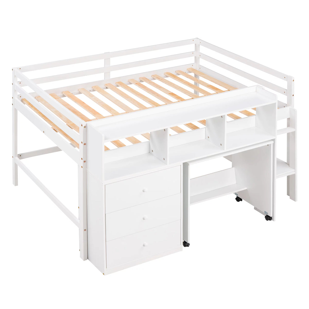 White Wood Full Size Low Loft Bed Frame with 3 Storage Drawers Y7439