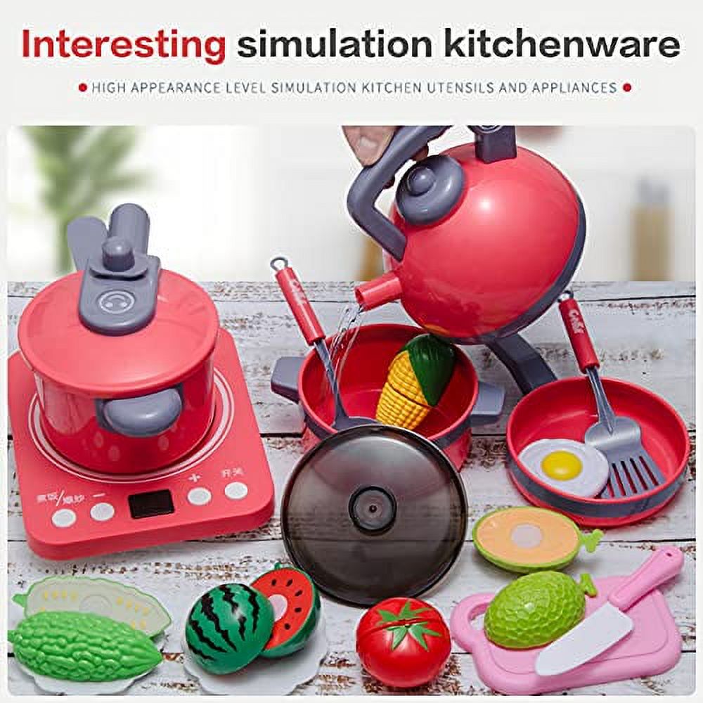 Pretend Play Kitchen Toy with Cookware, Steam Pressure Pot, Electronic Induction Cooktop, Cooking Utensils, Toy Cutlery, Play Food, Shopping Basket V830128