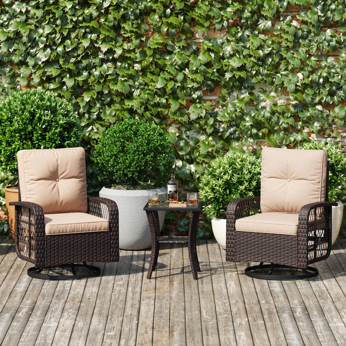 3 Piece Swivel Rocking Wicker Patio Chairs Set with Beige Cushions L26533
