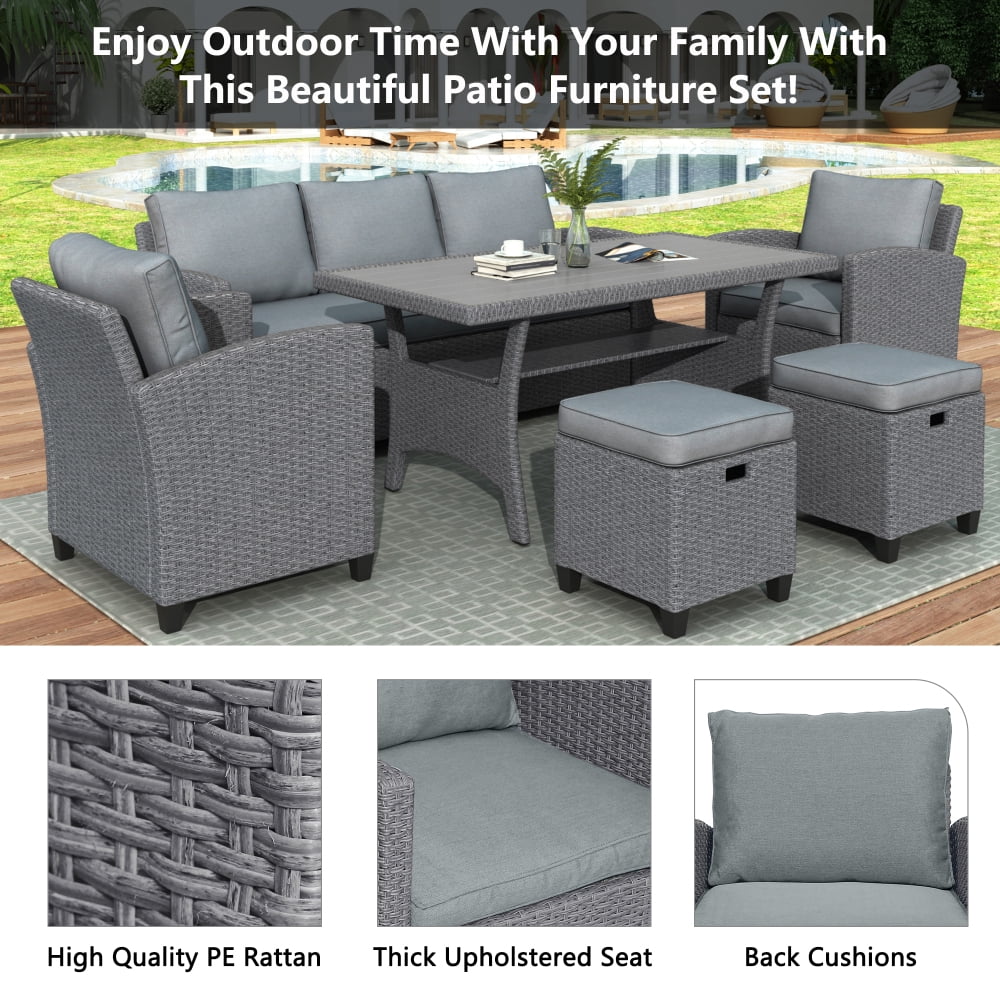 6-Piece Outdoor Rattan Wicker Sofa Chair Stools and Table Y171