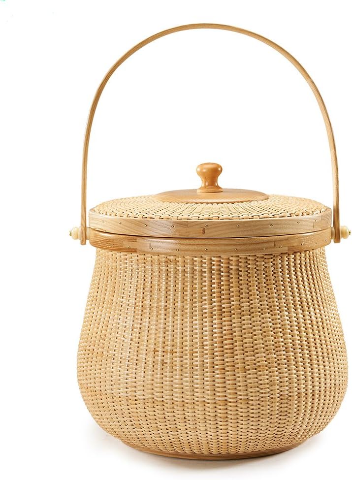 Natural ash wood and cane round baskets with swing handle removable lids F22868
