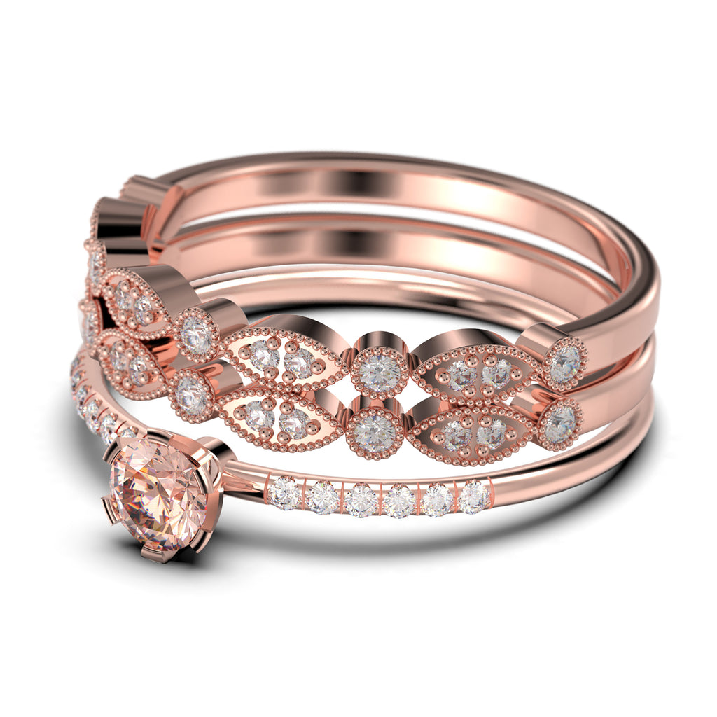 1.55 Carat Round Cut Morganite And Diamond Moissanite Engagement Ring Trio Set in 925 Sterling Silver With 18k Rose Gold Plating K652972
