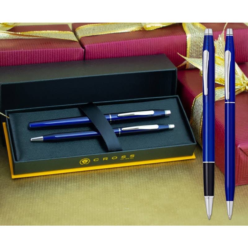 Translucent Blue Lacquer Ballpoint and Rollerball Pen Set D66985