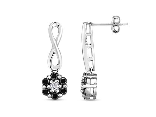1/2 Carat Round Black & White Diamond Flower Cluster Drop Earrings in 14K White Gold Over Sterling Silver V321579