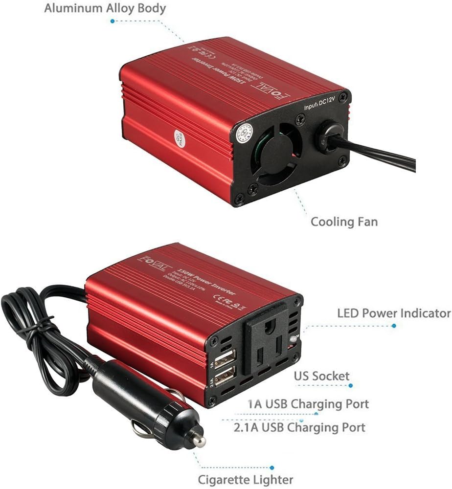 150W Car Power Inverter 12V DC to 110V AC Converter with 3.1A Dual USB, Pack of 2 W87901