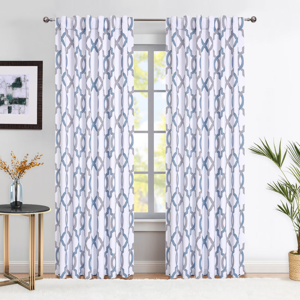 Blue White Geometric Blackout Curtain Panel, Back Tab, 52"x 84"x 2 Q982012