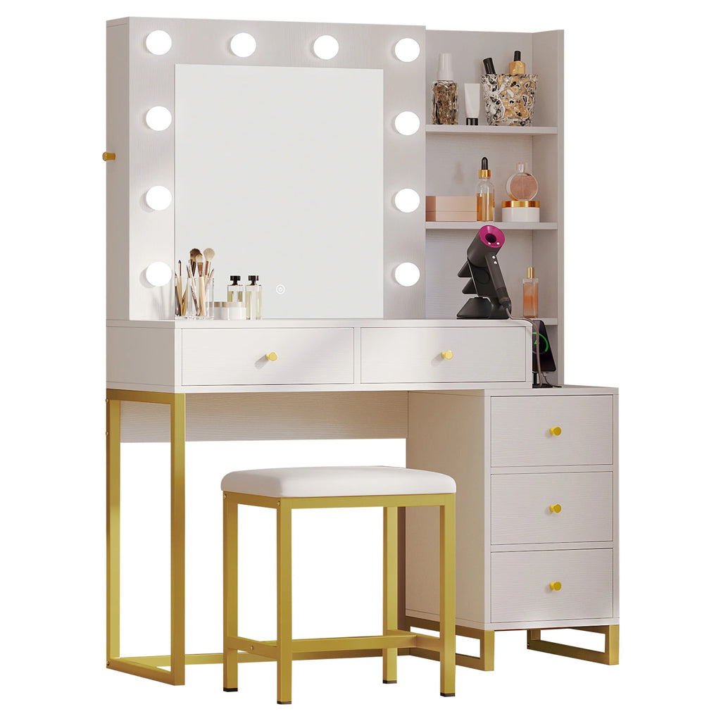 White Vanity Table Set with Lighted Mirror & Stool S683