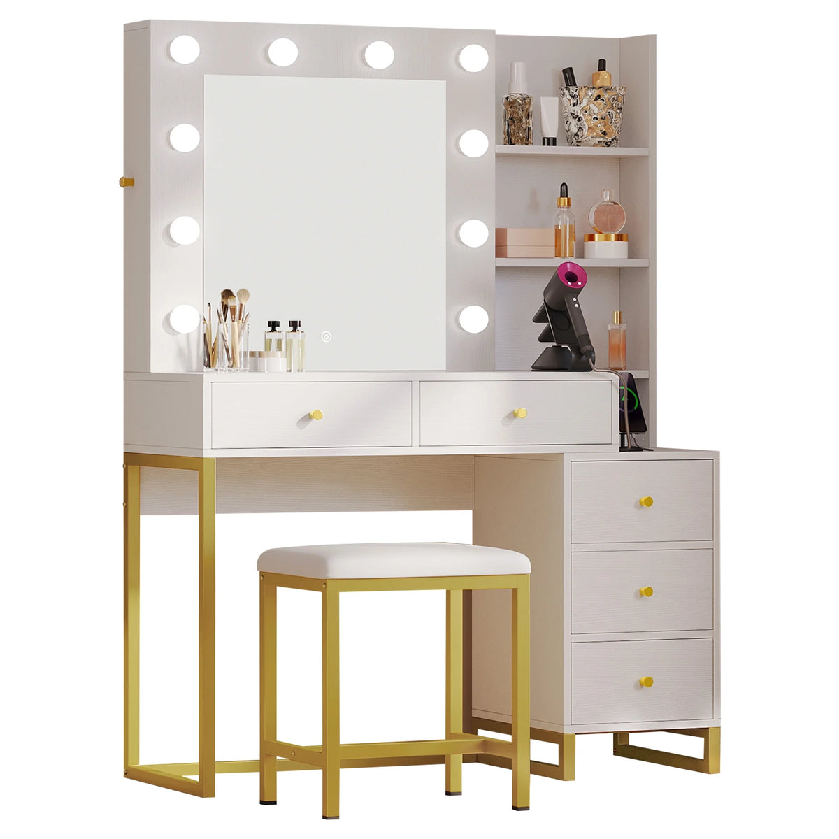 White Vanity Table Set with Lighted Mirror & Stool S683