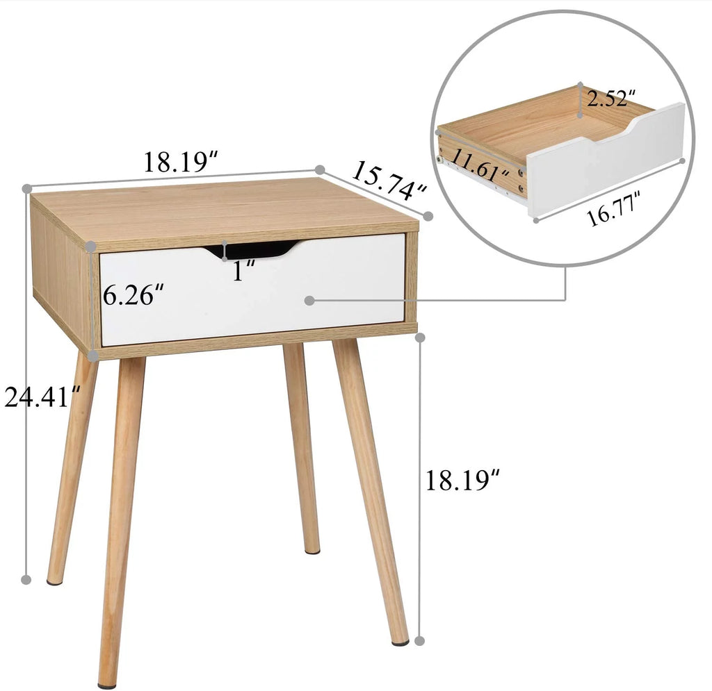 Wood & White Nightstands Set of 2 with Drawer & Solid Wood Legs M879