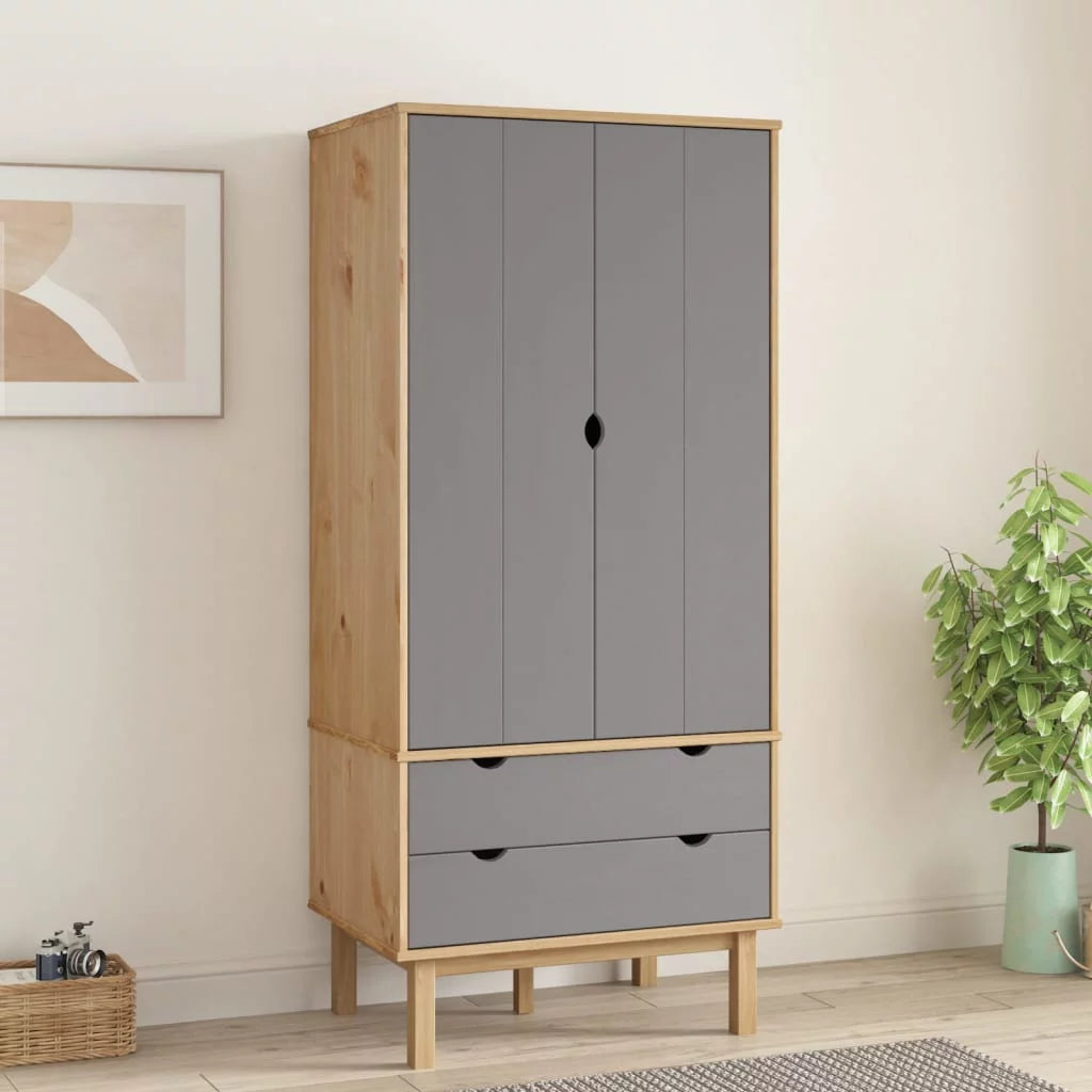 Brown and Gray Solid Wood Pine Wardrobe X564