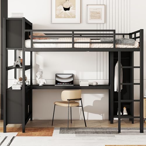Metal Loft Bed with Wardrobe & L-Shaped Desk, White Queen D3283