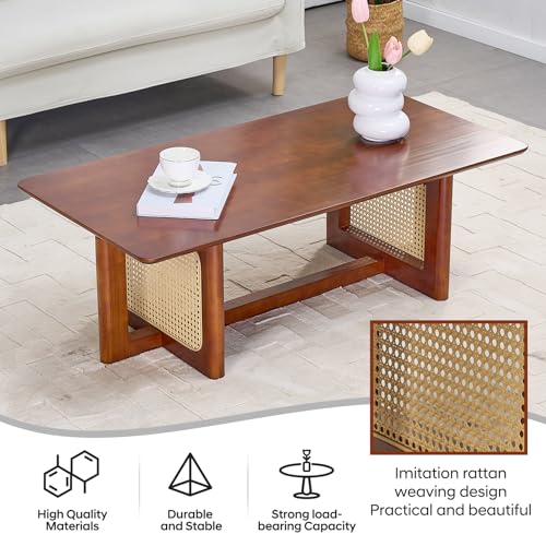 Rattan Coffee Table, 42.5 Inch Rectangular Solid Wood Table V43922