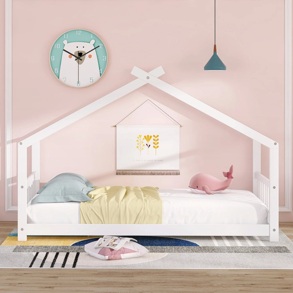 Twin Size White Wood House Bed I2451