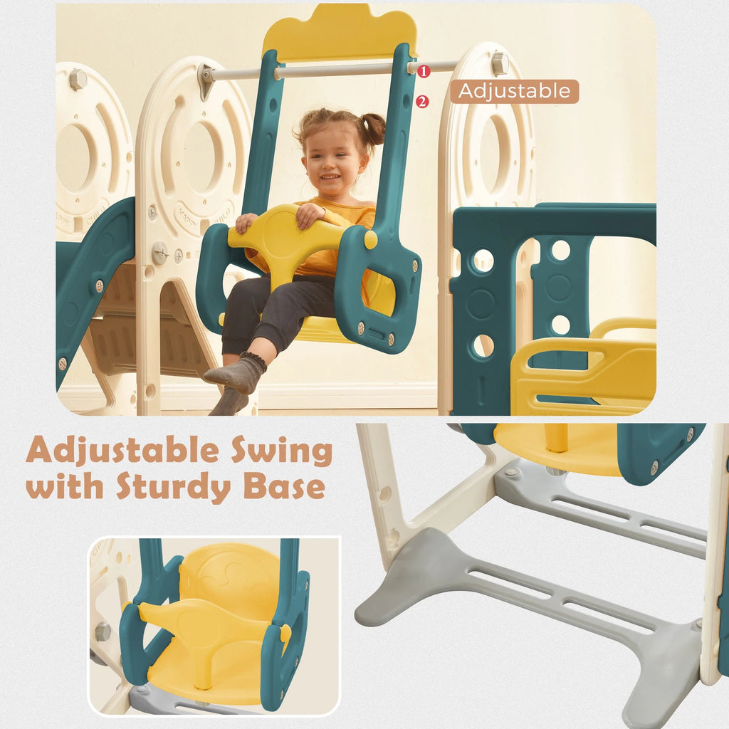 5-in-1 Kids Slide and Swing Set with Bus Playhouse, Basketball Hoop, Climber, Green X582179