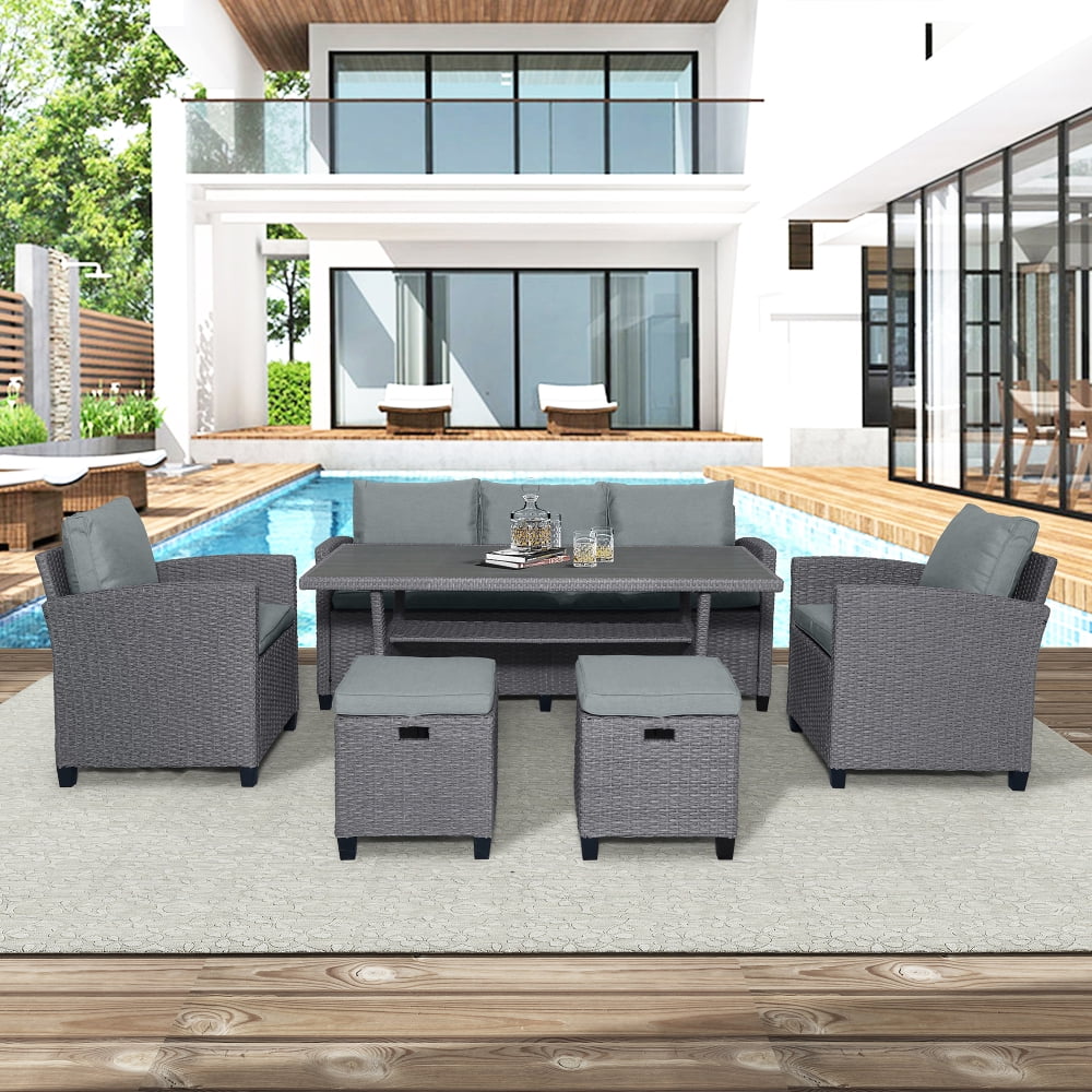 6-Piece Outdoor Rattan Wicker Sofa Chair Stools and Table Y171