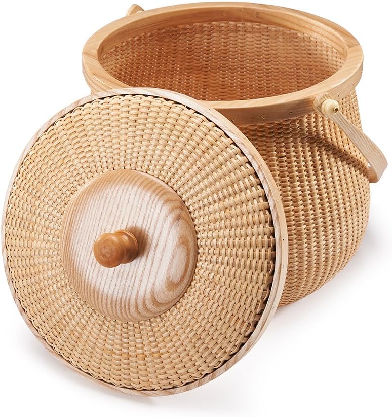 Natural ash wood and cane round baskets with swing handle removable lids F22868