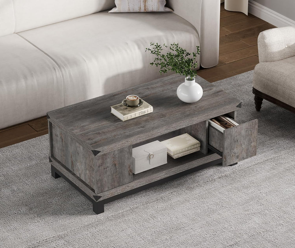 Grey Wood Coffee Table with Drawers and Shelves T3951
